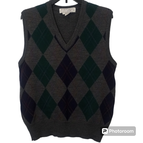 Tricots St Raphael V Neck Vintage Gray Wool Argyle  Sweater Vest  Size Large - Picture 1 of 8